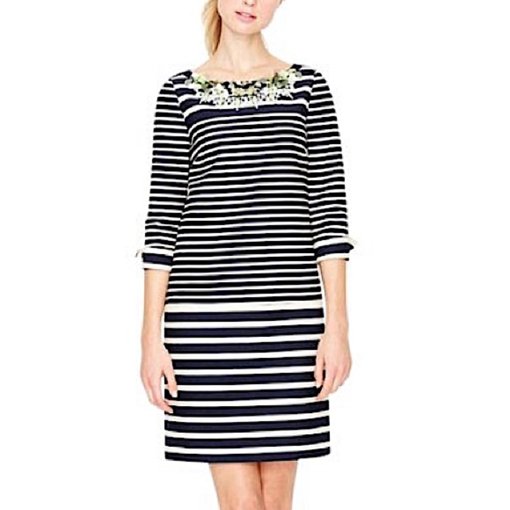 NWT J Crew Collection Navy Blue White Paillette Shift Striped Necklace Dress